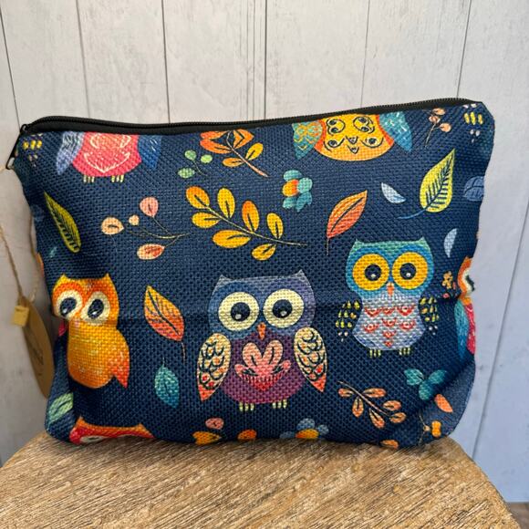 Blue Makeup Canvas Bag Artist Pouch Barn Owls Woodland Animals NEW FAST SHIP - Picture 1 of 6